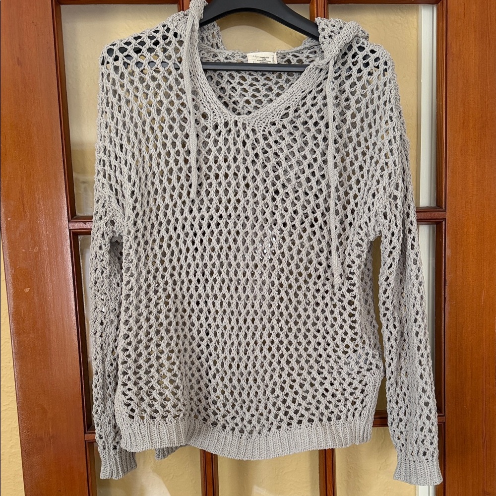 Light Gray Open-Knit Hooded Sweater - Women's
